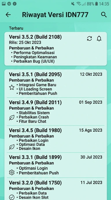 Tampilan riwayat versi idn777